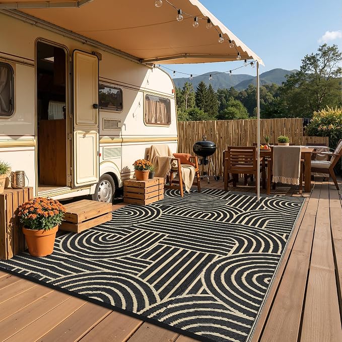 Garvee Reversible Rainbow Outdoor Rug 10x14, Waterproof Outdoor Plastic Straw Rug, RV Mat for Picnics, Patio, Camping, Balcony, Deck, Backyard, Porch, Brown