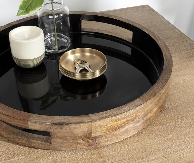 Kate and Laurel Ehrens Modern Wooden Tray, 15 inch Diameter, Natural and Black, Round Accent Tray for Farmhouse Decor