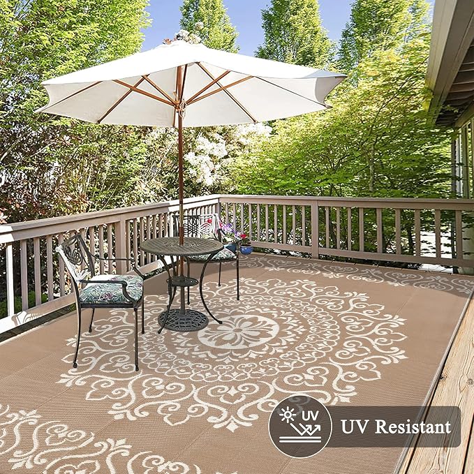 Pauwer Outdoor Rug 9x12, Waterproof Plastic Straw Camping Rug, Floral Brown | Reversible Patio Rug, UV Resistant Indoor Outdoor RV Mat Carpet For Deck, Camper, Porch, Balcony, Backyard, Picnic, Foldable