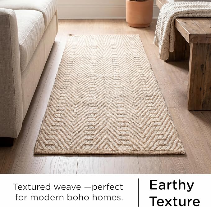 THE BEER VALLEY Jute Cotton Geometric Runner Rug 2x6 Feet - Natural White | Large Boho Kitchen Chevron Runners for Hallways, Easy Care Ivory Beige Laundry Room Rugs
