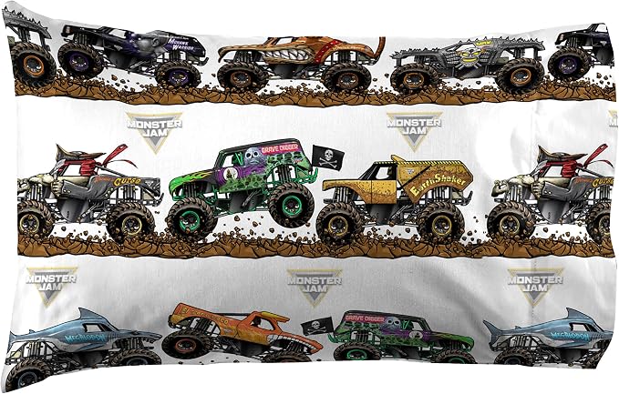 Jay Franco Kids Sheet Set with Fitted, Flat Sheets & Pillow Cover - Ultra-Soft Bedding with Pillowcase for Room Decor, Multi - Monster Jam, 4 Piece Queen