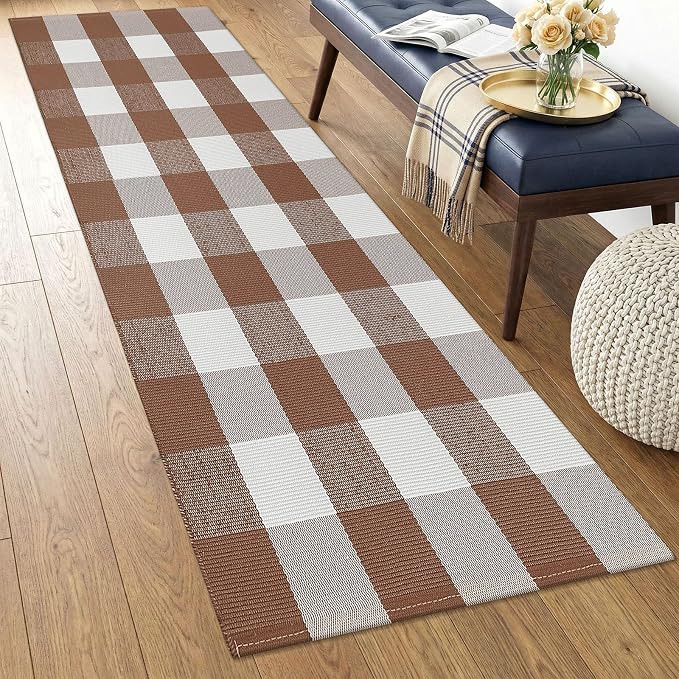 KOZYFLY Buffalo Plaid Area Rugs 2x4.3 Ft Brown and White Rug Washable Front Door Mat Woven Cotton Indoor Outdoor Rug for Front Porch Kitchen Entryway Patio Farmhouse Checkered Doormat