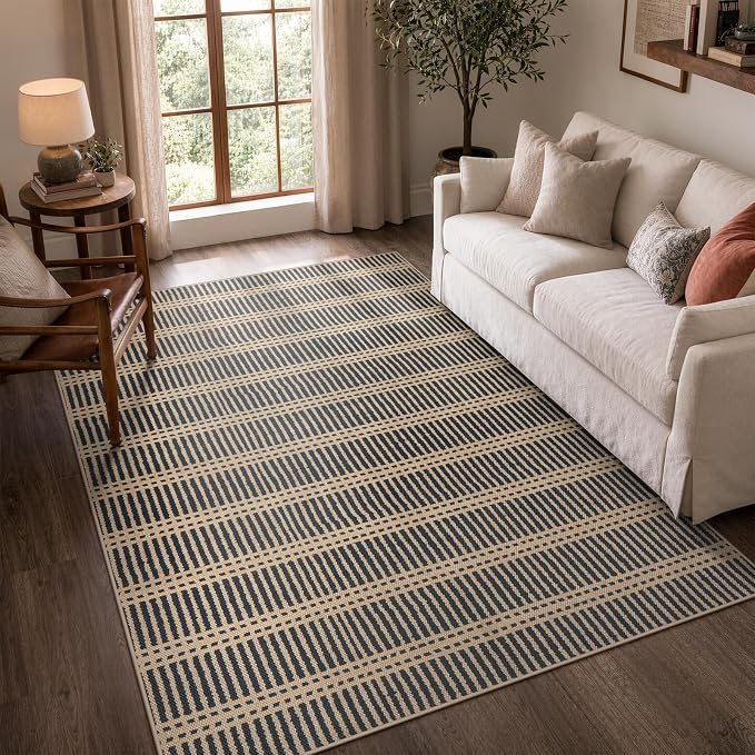 LIVEBOX Striped Easy Jute 5x7 Outdoor Rug, Black Washable Rugs for Patio Living Room, Indoor Outdoor Non Slip Area Rug for Bedroom, Farmhouse Neutral Carpet Floor Mat for Dining Room Backyard Deck