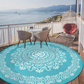 Pauwer Outdoor Rug 8ft, Waterproof Plastic Straw Camping Rug, Floral Teal | Reversible Patio Rug, UV Resistant Indoor Outdoor RV Mat Carpet For Deck, Camper, Porch, Balcony, Backyard, Picnic, Foldable