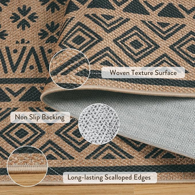 LIVEBOX Easy Jute Indoor Outdoor Rug 5x7, Black Washable Rugs for Living Room Bedroom, Non Slip Outdoor Area Rug for Patio Backyard, Farmhouse Neutral Carpet Floor Mat for Dining Room Deck Porch