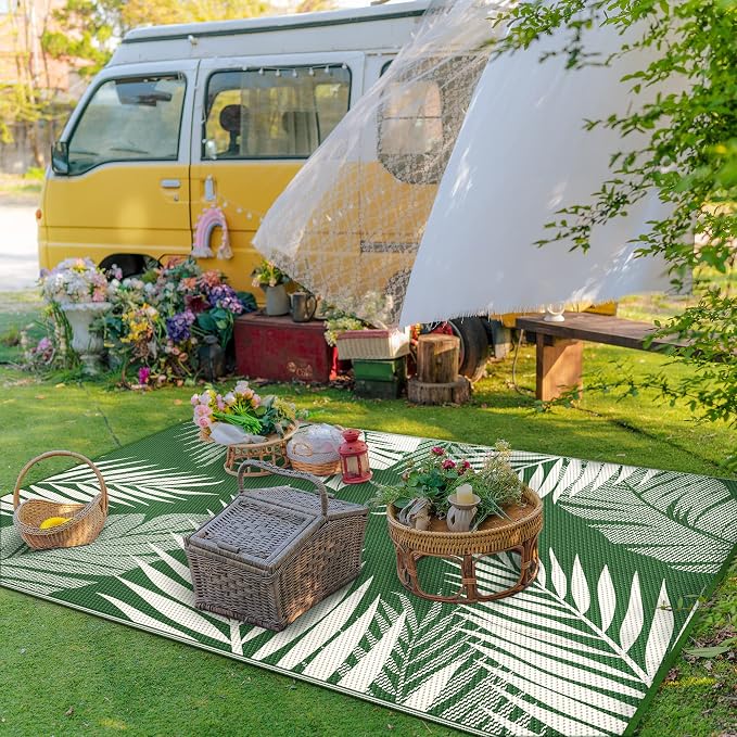GENIMO Outdoor Rug, Waterproof Plastic Rugs for Patio, 5'x8' Dark Green | Outside Larger Leaf Carpet Mat for Porch Decor, Deck, Balcony, Camping, RV, Backyard, Picnic, Beach, Reversible, Foldable