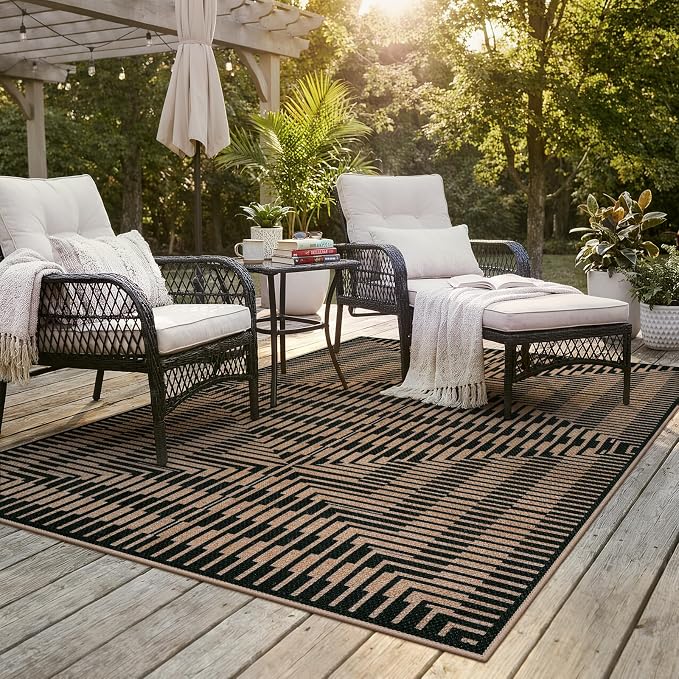 LIVEBOX Easy Jute Patio Rug 5x7, Washable Indoor Outdoor Area Rug Non Slip, Farmhouse Striped Carpet for Living Room, Office, Backyard, Dining Room (Black)