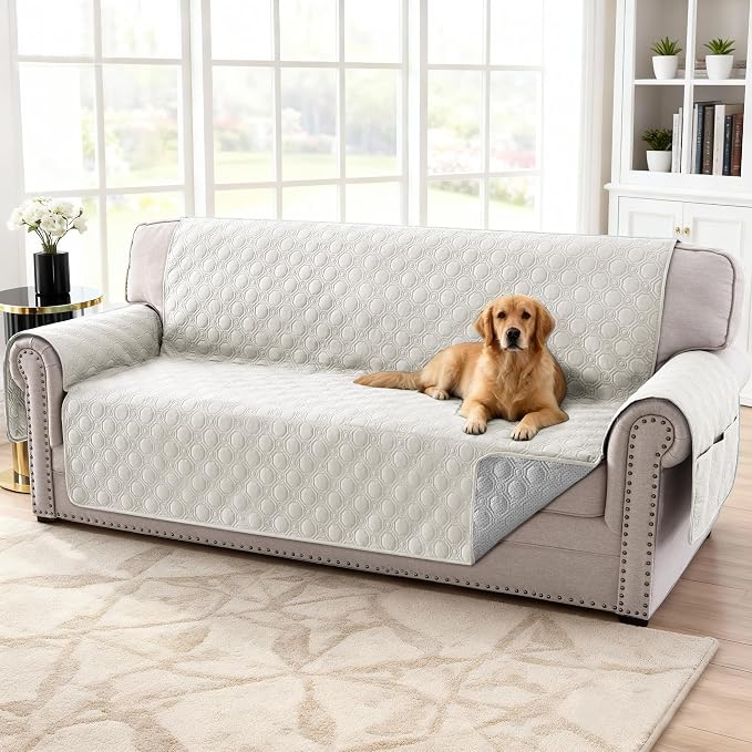 H.VERSAILTEX 100% Waterproof Couch Covers for Pets Triple Non-Slip Sofa Covers for 3 Cushion Couch Dog Couch Cover Protector Washable(Sofa, Beige)