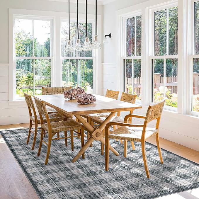 GarveeHome Checkered Area Rugs 6x9 for Living Room, Machine Washable Non Slip Backing Rug, Stain Resistant Low-Pile Indoor Carpet for Bedroom Dining Room Office Nursery Grey