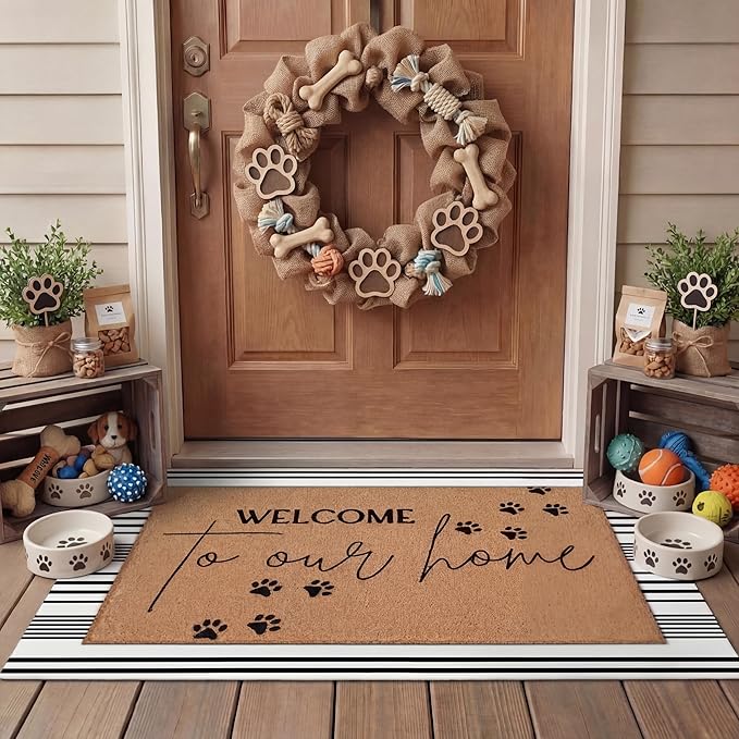 Tinideya 2 Pcs Pet Theme Door Mat Paw Welcome Non Slip Coir Mats Dog Cat Floor Layering Doormats Seasonal for Front Porch Entryway Decor(PET)