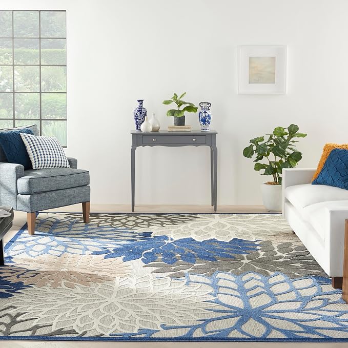 Nourison Home Aloha Indoor/Outdoor Blue/Multicolor 9' x 12' Area Rug, Tropical, Botanical, Easy Cleaning, Non Shedding, Bed Room, Living Room, Dining Room, Deck, Backyard, Patio (9x12)