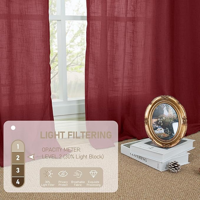 LAMIT Red Sheer Linen Curtains 45 Inch Length, Linen Textured Light Filtering - Image 5