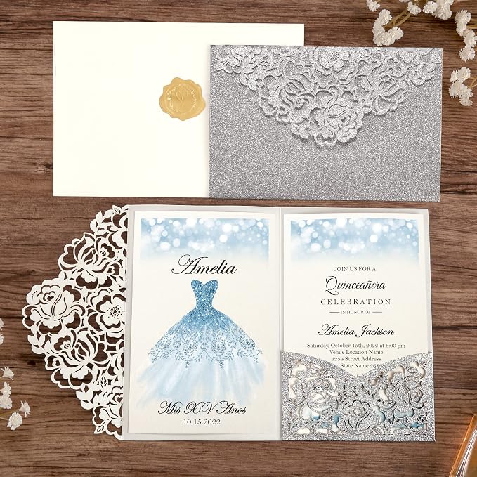 DORIS HOME 50Pcs Personalized Laser Cut Quinceanera Invitations, Silver | 4.7"x7.1", Customized Quince Invitations, For 15th Birthday, Sweet 16, With Envelopes