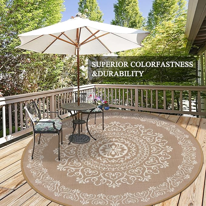 Pauwer Outdoor Rug 8ft, Waterproof Plastic Straw Camping Rug, Floral Brown | Reversible Patio Rug, UV Resistant Indoor Outdoor RV Mat Carpet For Deck, Camper, Porch, Balcony, Backyard, Picnic, Foldable