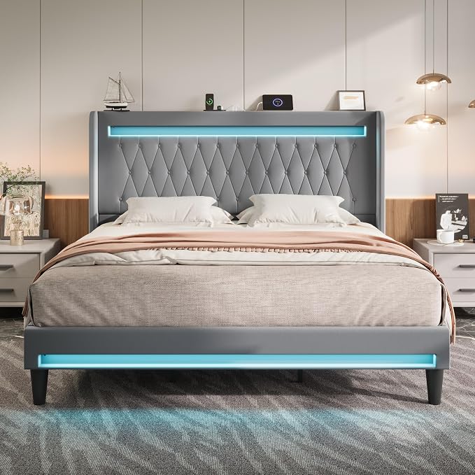 Allewie King Size Upholstered Bed Frame with LED & Charging Station, Gray | Customizable LED lights, charging station, tufted wingback headboard, noise-reducing support, and no box spring needed.