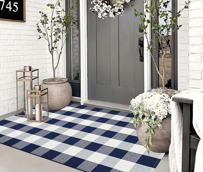 Outdoor Rug 3'x5'Blue and White Buffalo Checkered Rug Cotton Woven Machine Washable Farmhouse Front Porch Rug Door Mat Outdoor for Entryway,Patio,Bedroom,Hello Welcome Mat