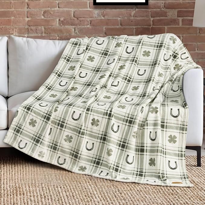 Lucky Brand 50" x 70" Plush Throw Blanket, Clover Horseshoe Plaid Sage Green Blanket for Sofa or Bed