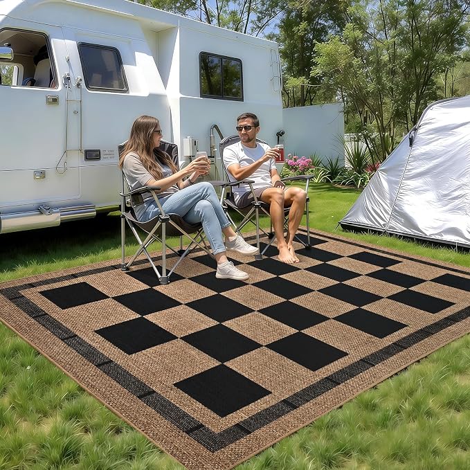 Jute Checkered Rugs, 6x9 Washable Outdoor Patio Rug, Large Living Room Rug | Bedroom Dining Room Indoor Carpet, Non Slip Modern Farmhouse Design Neutral Geometric Porch Classroom Mat, Black and Brown