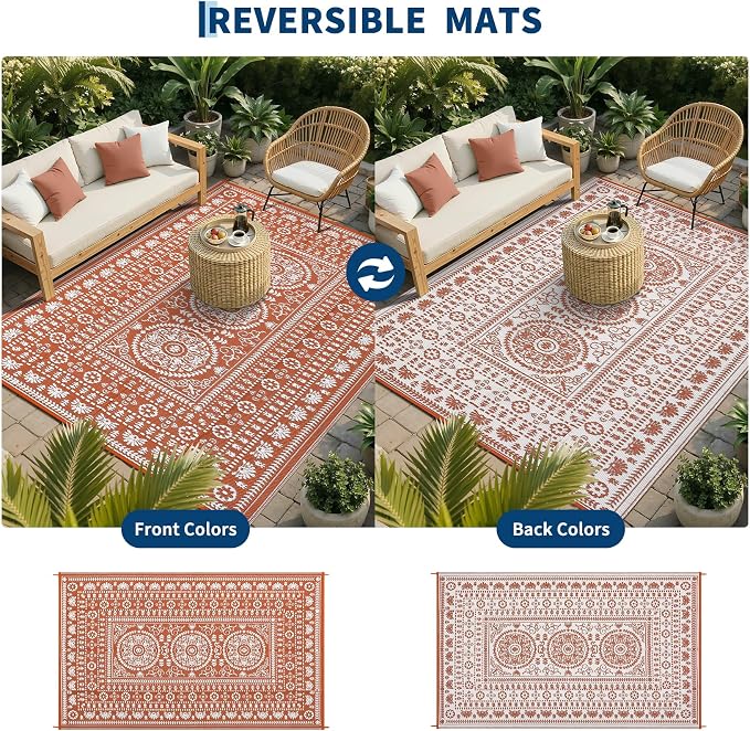 Garvee Reversible Outdoor Rug 9x18 for Patio, Waterproof Outdoor Area Rug, Modern Medallion Indoor Outdoor Rugs, Plastic Straw Rug for RV, Camping, Deck, Vintage Terracotta