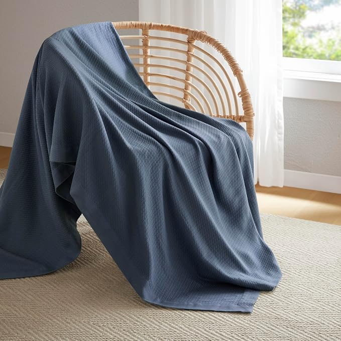 Madison Park 100% Egyptian Cotton Twin Size Bed Blanket for Summer Blue | Cozy Soft Breathable Durable, Waffle Weave Woven Casual, Lightweight Knit All Season Throw for Bed Couch or Sofa, OEKO TEX