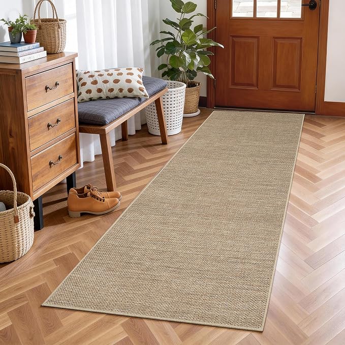 GarveeHome 2x6 Runner Rug for Hallway Modern Solid Washable Kitchen Rugs | Non Slip Stain Resistant Modern Bordered Bedroom Throw Carpet Indoor Outdoor Low Pile Area Rugs for Porch Kitchen, Jute