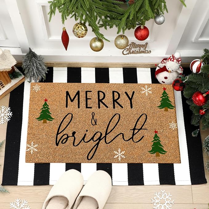 Moucuny 2 Pcs Christmas Door Mat Outdoor Merry Christmas Nature Coir Welcome Outdoor Rug Black White Stripe Xmas Front Porch Rugs Non Slip Floor Mats Entrance Decor