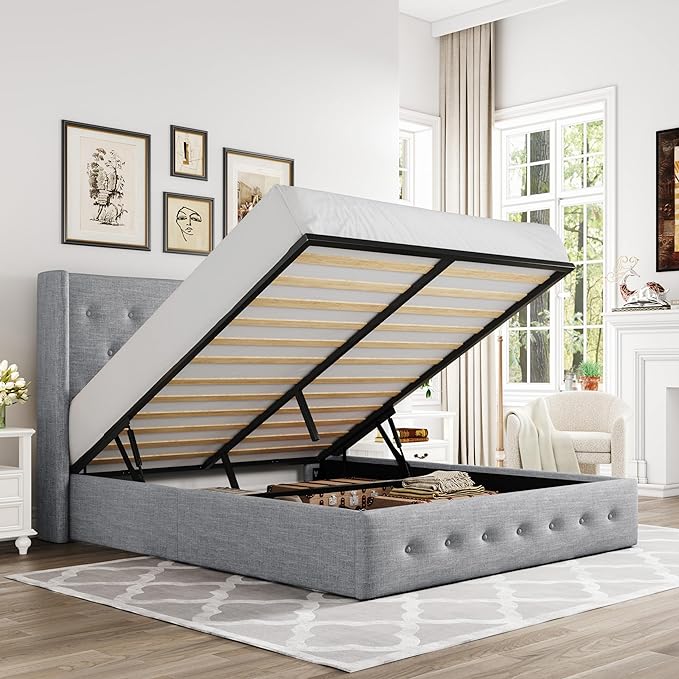 Allewie Queen Size Lift Up Storage Button-Tufted Bed Frame Light Grey | Modern Wingback Headboard, Hydraulic Support Storage, No Box Spring Needed