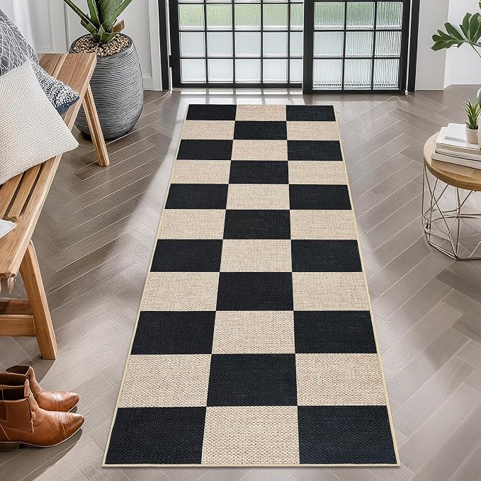 COZYLOOM Checkered Area Rug 2x6 Runner Rug for Hallway Non Slip Stain Resistant Rugs for Kitchen Modern Geometric Non Shedding Low Pile Door Mats for Bathroom, Bedroom, Entryway, Laundry Room, Black