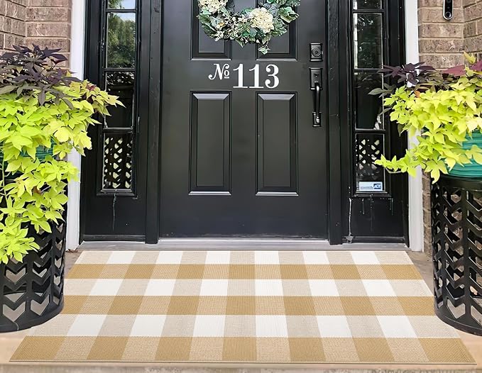 2'X4.3'Outdoor Rug Khaki and White Checkered Front Porch Rug Cotton Woven Washable Layered Doormat for Entryway Dining Room Bedroom Living Room