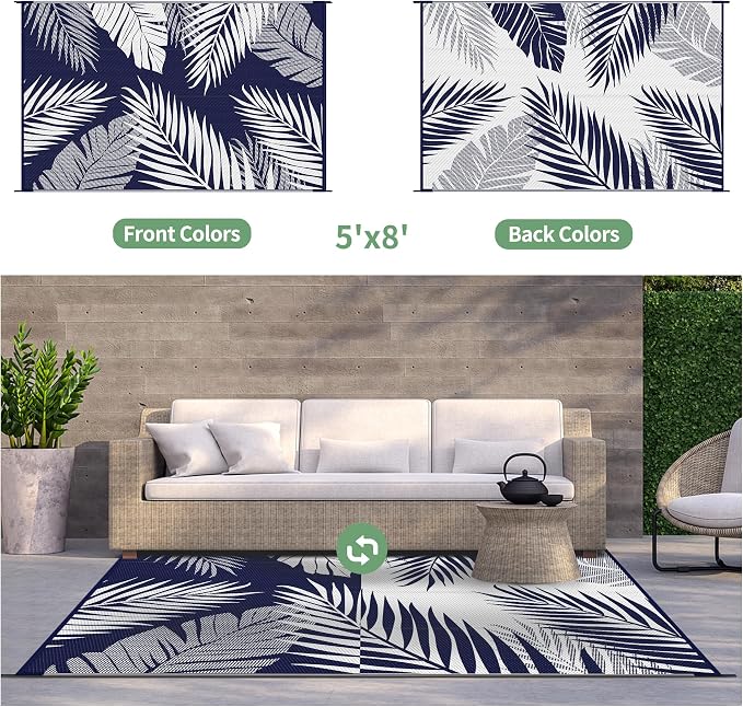 GENIMO Outdoor Rug 5' x 8' Waterproof for Patios Clearance, Reversible Outdoor Plastic Straw Camping Rug Carpet, Large Area Rugs Mats for RV, Picnic, Backyard, Deck, Balcony, Porch, Beach, Blue&White | Outside Larger Leaf Carpet Mat for Porch Decor, De...