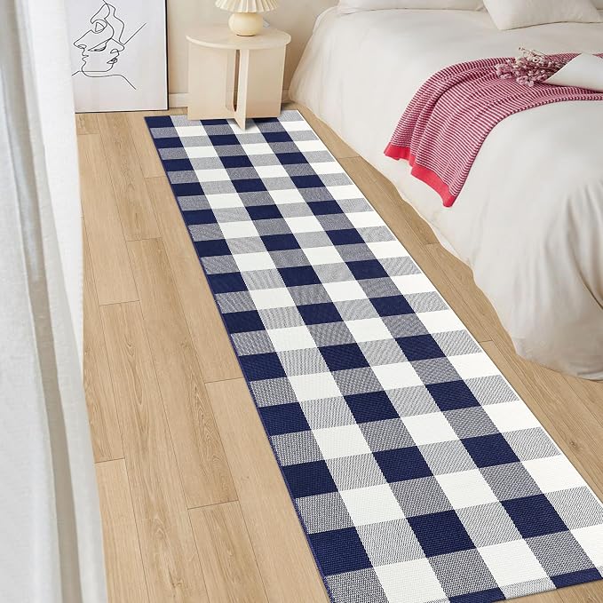 Buffalo Plaid Runner Rug 2x8 Feet Navy and White Checkered Hallway Runner Area Rug Farmhouse Cotton Woven Washable Carpet for Entryway, Kitchen, Laundry, Bedroom, Living Room