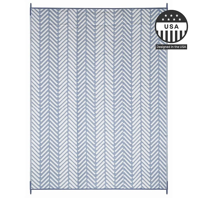 FH Home Outdoor Camping Rug - Waterproof, Fade Resistant, Reversible - Premium Recycled Plastic - Herringbone - Large Patio, Deck, Sunroom, RV - Fresno - Light Blue - 9 x 12 ft Foldable