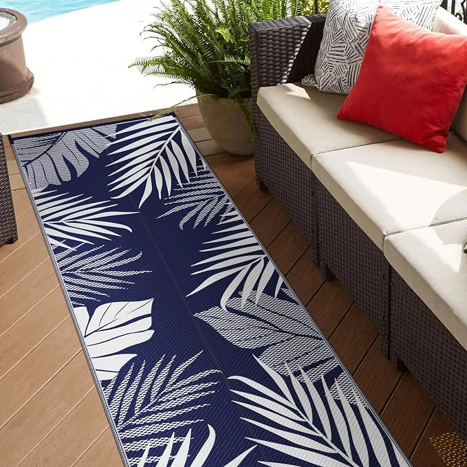 GENIMO Outdoor Rug, Waterproof Plastic Runner Rugs, 2.5'x8' Navy Blue White | Outside Leaf Carpet Mat for Patio Decor, Porch, Deck, Balcony, Camping, RV, Picnic, Beach, Reversible, Foldable, Lightweight
