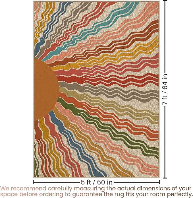 Washable Sun Easy Jute Rug, 5x7 Rainbow Sun Modern Boho Retro Outdoor Indoor Patio Large Area Rugs, Woven Ultra Thin Non Slip Carpet Mat for Living Dining Room Bedroom Classroom Kids Nursery Play Room