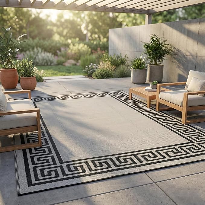 FH Home Outdoor Camping Rug - Waterproof, Fade Resistant, Reversible - Premium Recycled Plastic - Greek Border - Large Patio, Deck, Sunroom, RV - Athens - Black & White - 9 x 12 ft Foldable