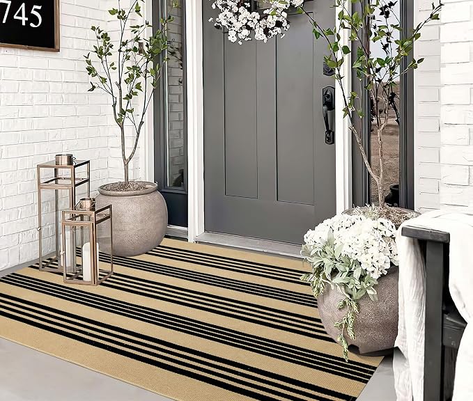 BUAGETUP Outdoor Rug 3'x 5',Khaki and Black Striped Area Rug Cotton Woven Washable Rug Indoor/Outdoor Area Rug Floor Mat for Farmhouse Living Room Bedroom