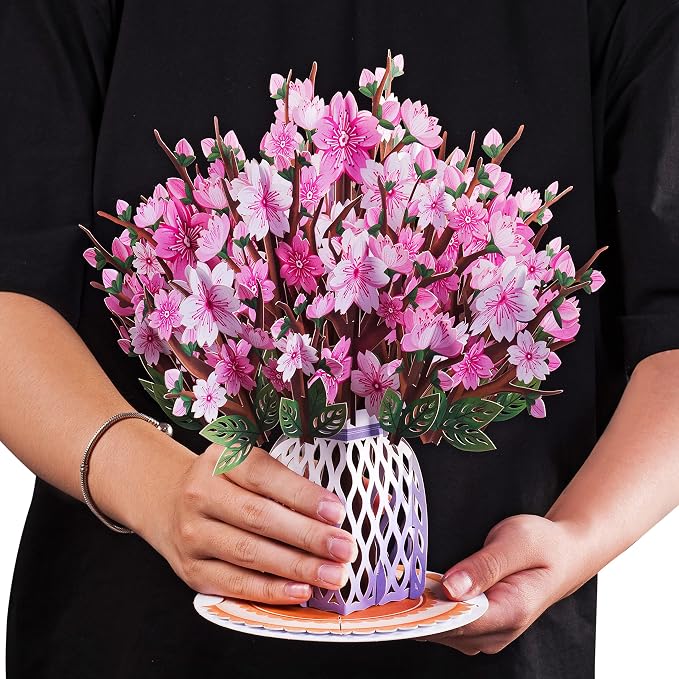 HugePop Flower Bouquet Pop Up Cards 2 Pack - Includes 1 Cherry Blossom Bouquet and 1 Tulip Flower Bouquet, Gift For Mothers Day, Birthday, Valentines Day, All Occasions - Jumbo 10" x 14" Card