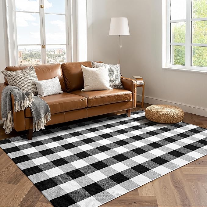 joybest Buffalo Plaid Rug 4 x 6 ft Black and White Checkered Area Rug Cotton Hand-Woven Indoor Outdoor Rugs Carpet for Patio, Living Room, Dining Room, Bedroom