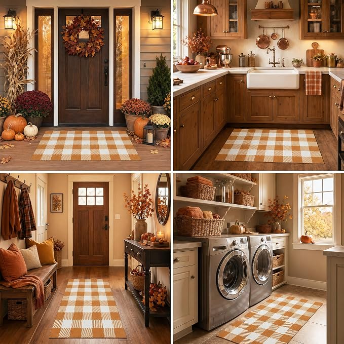 Caramel and White Buffalo Plaid Rug 4'x6', Machine Washable Layering Mat for Front Door, Entryway, Kitchen, Indoor Outdoor Low Profile Cotton Woven Check Rug