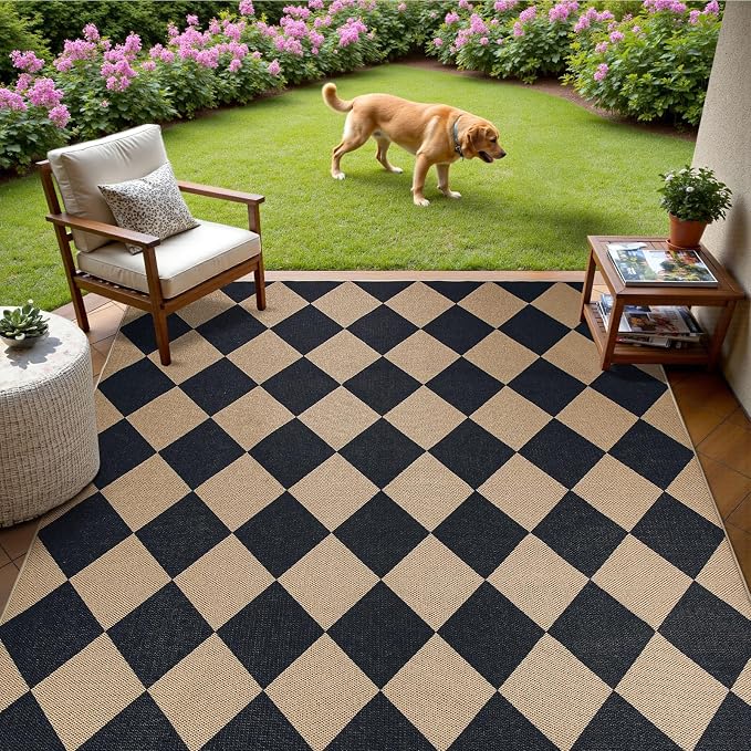 EDIMENS Checkered Easy Jute 5x7 Outdoor Rug Washable Living Room Area Rugs | Black Non Slip Outdoor Patio Rug Diamond Indoor Black Farmhouse Geometric Carpet for Backyard Front Porch Balcony