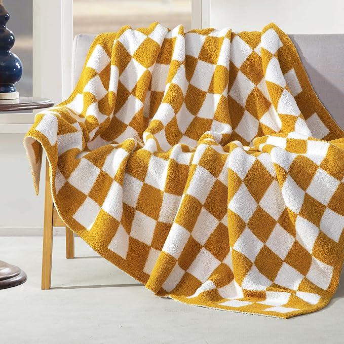 Elegant Comfort Checkered Throw Blanket, Gold Super Soft Cozy Fluffy Warm Throw Blankets for Couch, Sofa, Chair, Bed, Camping, Picnic, Travel Lightweight Bed Blanket (50" x 70")