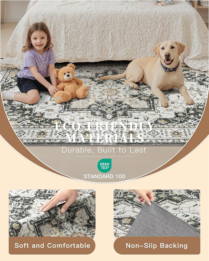 Madane Hallway Runner Rug 3x16 - Vintage Non Slip Washable 16ft Kitchen Runner for Entrance Soft Long Carpet Runners for Living Room Bathroom Low Pile Floor Mat for Bedroom Dining Room, Black