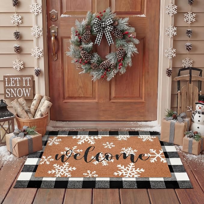 Tinideya 2 Pcs Winter Door Mat Outdoor Snowflake Welcome Mats for Front Door Non Slip Winter Coir Doormat Layering Black White Check Rug for Outside Front Porch Entryway Decor