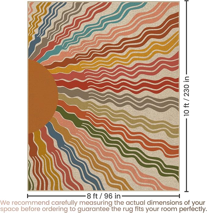 Washable Sun Easy Jute Rug, 8x10 Rainbow Sun Modern Boho Retro Outdoor Indoor Patio Large Area Rug, Woven Ultra Thin Non Slip Carpet Mat for Living Dining Room Bedroom Classroom Kids Nursery Play Room