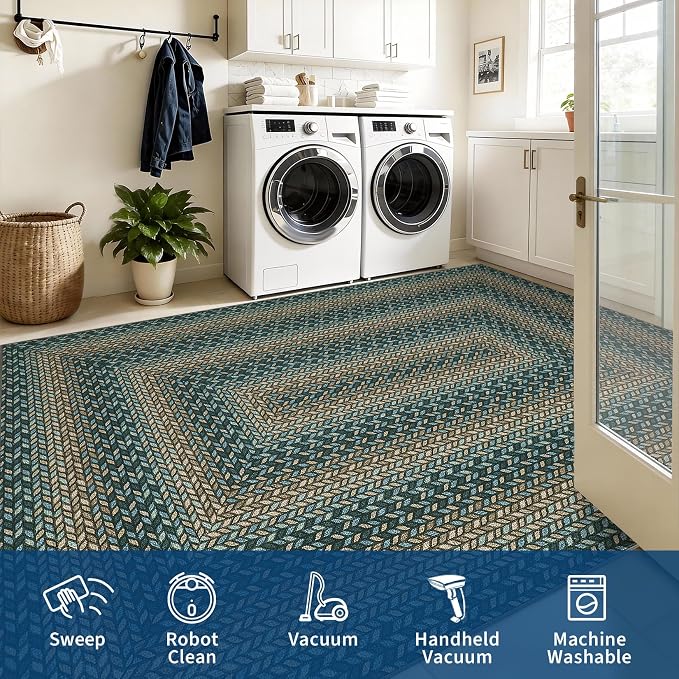 Garvee Braided-Print Washable 9x12 Living Room Rug Non Slip Ultra-Thin Neutral Rug Indoor Outdoor Easy Jute Rugs Foldable Non-Shedding Farmhouse Carpet for Bedroom Kitchen Porch Patio Deck Green/Camel