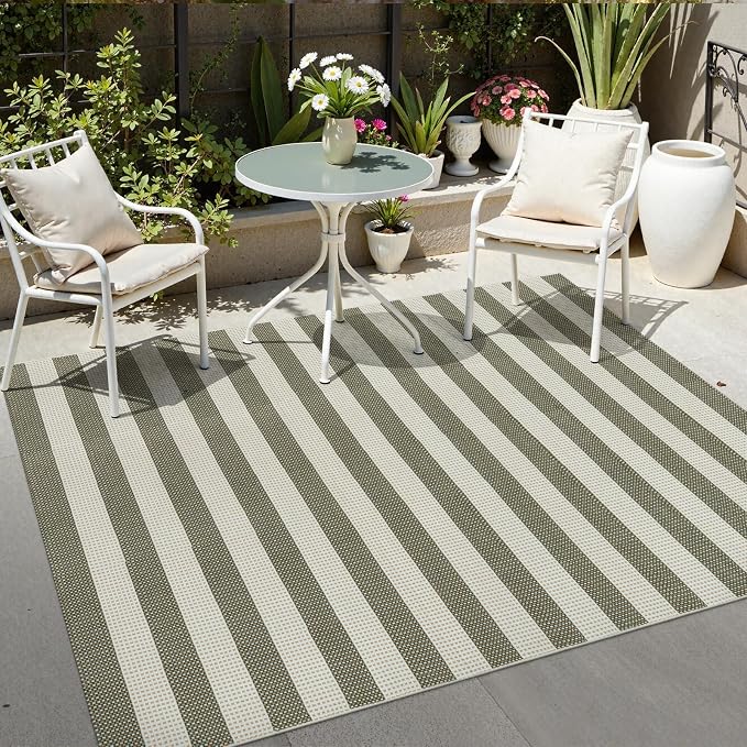 OJIA Outdoor Patio Rug 5'x7' Striped Washable Camping Rug Outdoor Carpet | Large Area Rugs Green Cotton Woven Thin Indoor Outdoor Rugs for Bedroom/Living Room/Front Porch Decor/Deck/Backyard/Camping