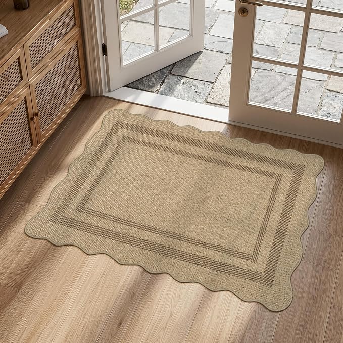 LIVEBOX Scalloped Easy Jute Kitchen Rug, 2x3 Front Door Mat Indoor Outdoor Small Entryway Rug, Washable Non Slip Farmhouse Area Rug, Tan Neutral Modern Carpet Outdoor Doormat for Porch Doorway Foyer