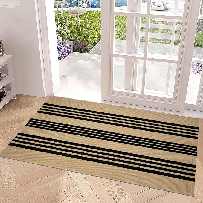 Khaki Black Outdoor Rug 2'x4.3',Striped Front Porch Rug Machine Washable Front Door Mat Entryway Throw Rug for Front Porch Indoor Outdoor Doormat