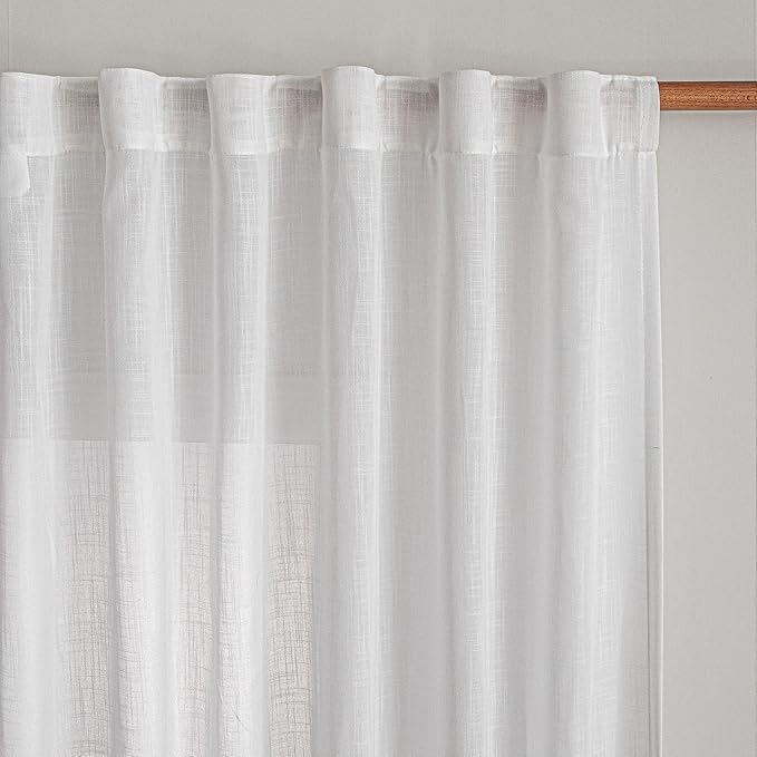 MYSKY HOME Floor to Ceiling Curtains 102 Inches White Sheer Window Drapes 2 Panel Sets Linen Look Boho Fabric Back Tab Draperies, Soft Cotton Blend Light Filtering for Living Room，50" Wide