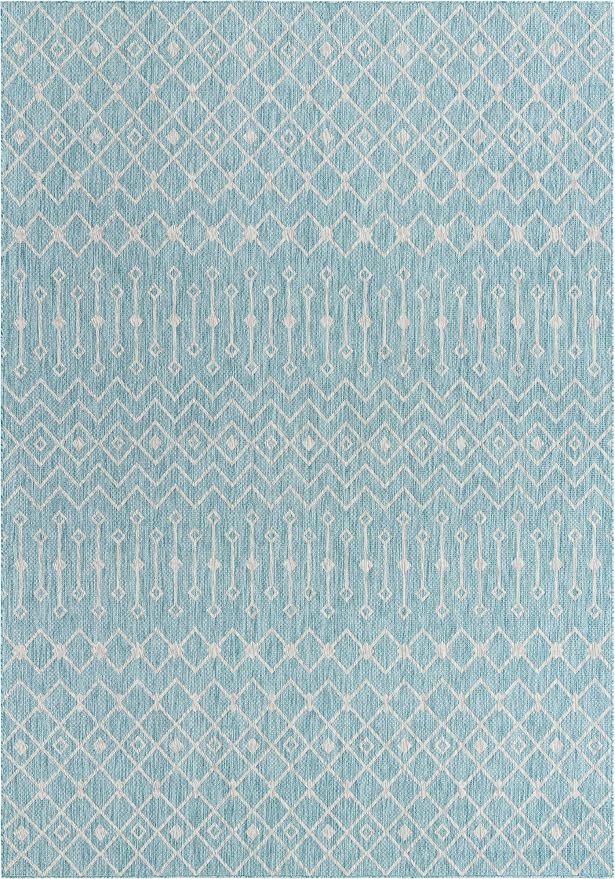 Unique Loom Outdoor Trellis Collection Area Rug - Tribal Trellis (10' x 14' 1" Rectangle, Aqua/ Ivory)
